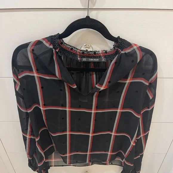 Zara windowpane blouse with subtle velvet dots size M - Picture 8 of 8